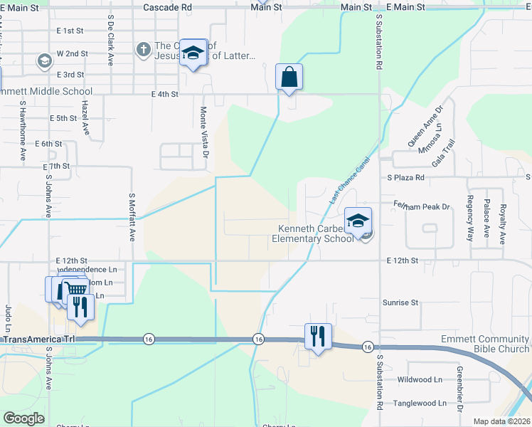 map of restaurants, bars, coffee shops, grocery stores, and more near 1722 East 12th Street in Emmett