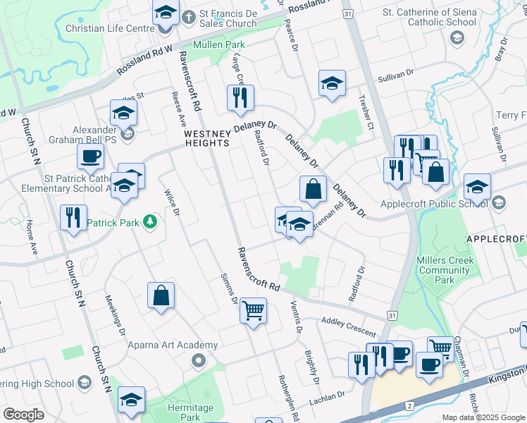 map of restaurants, bars, coffee shops, grocery stores, and more near Daniels Crescent in Ajax