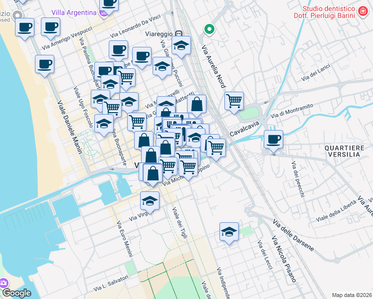 map of restaurants, bars, coffee shops, grocery stores, and more near 6 Lungocanale Ovest in Viareggio