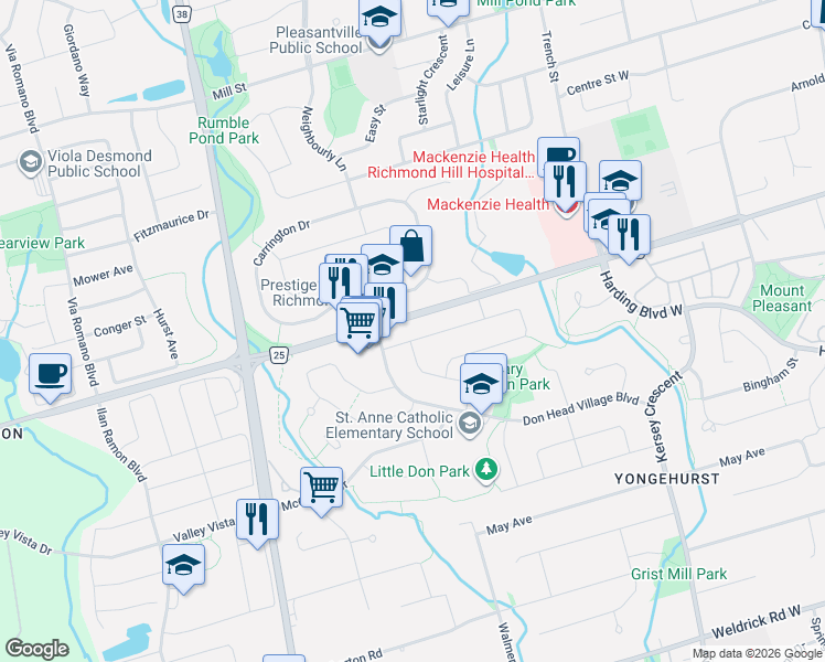 map of restaurants, bars, coffee shops, grocery stores, and more near 127 O'Connor Crescent in Richmond Hill