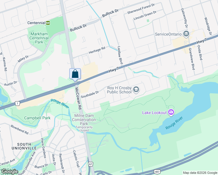 map of restaurants, bars, coffee shops, grocery stores, and more near 2 Valleycrest Avenue in Markham