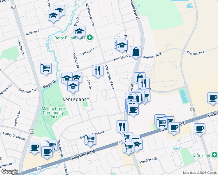 map of restaurants, bars, coffee shops, grocery stores, and more near 290 Old Harwood Avenue in Ajax