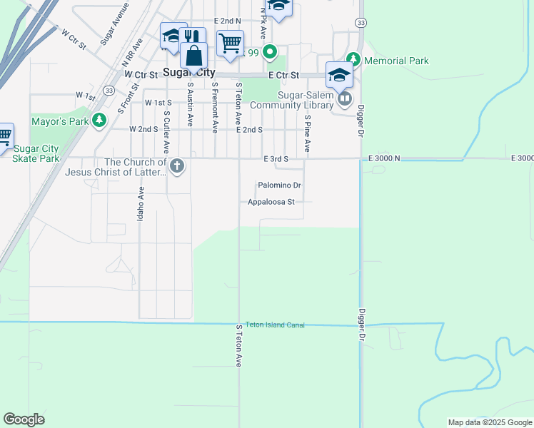 map of restaurants, bars, coffee shops, grocery stores, and more near 443 Palomino Drive in Sugar City