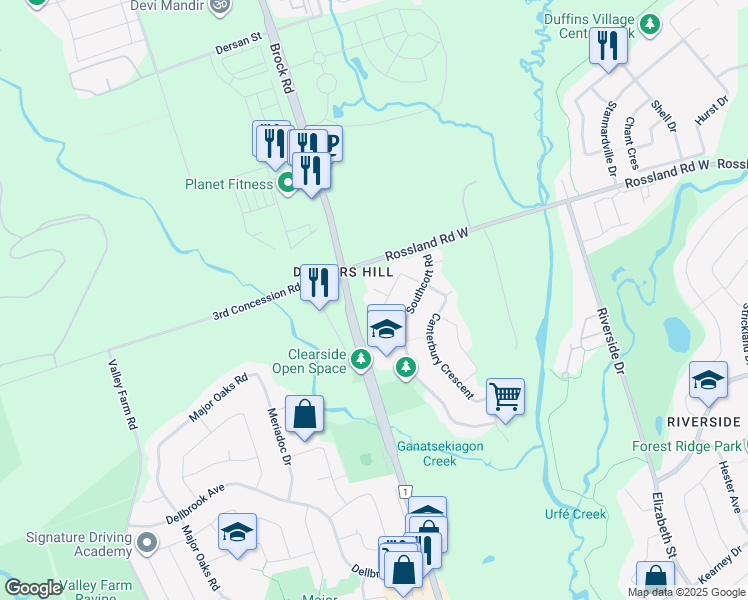 map of restaurants, bars, coffee shops, grocery stores, and more near 1712 Maple Hill Court in Pickering