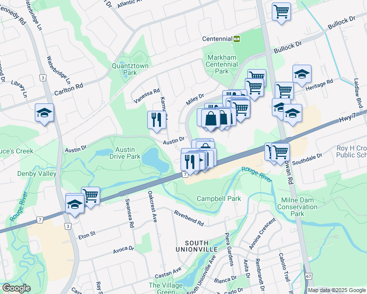 map of restaurants, bars, coffee shops, grocery stores, and more near in Markham