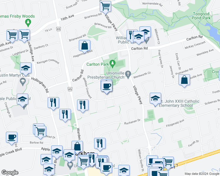 map of restaurants, bars, coffee shops, grocery stores, and more near 14 Charrington Crescent in Markham