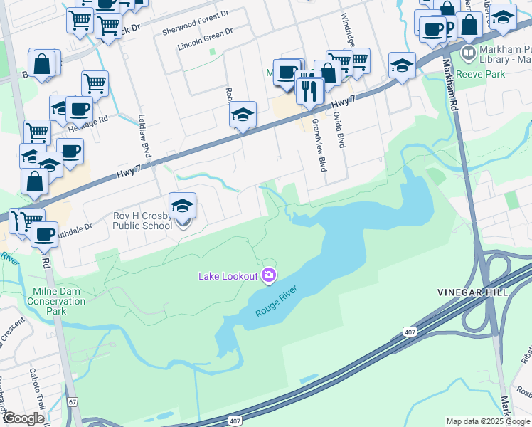 map of restaurants, bars, coffee shops, grocery stores, and more near 15 Banfield Avenue in Markham
