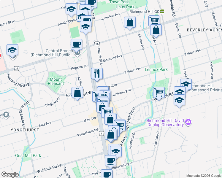 map of restaurants, bars, coffee shops, grocery stores, and more near 30 Harding Boulevard in Richmond Hill