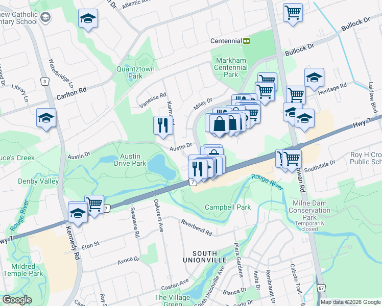 map of restaurants, bars, coffee shops, grocery stores, and more near 25 Austin Drive in Markham