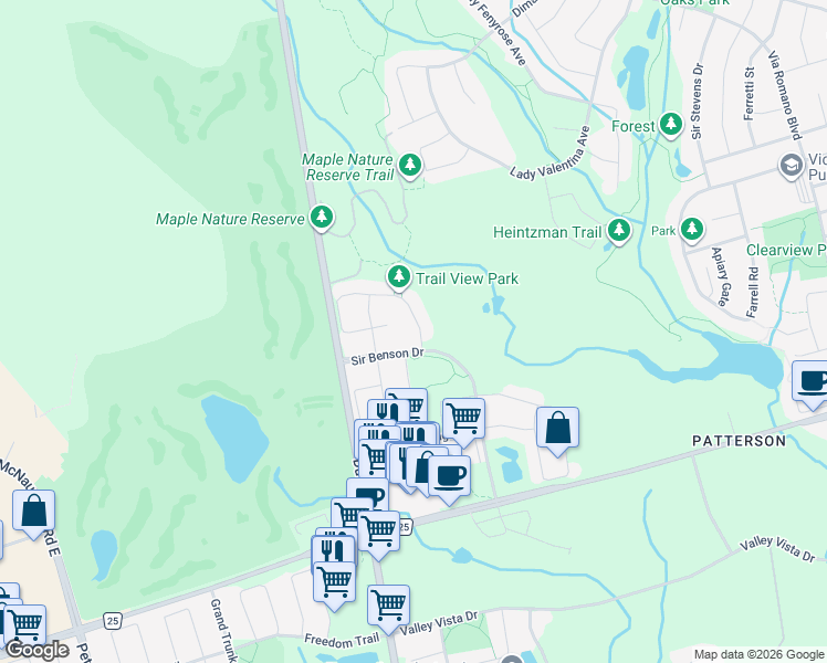 map of restaurants, bars, coffee shops, grocery stores, and more near 18 William Bowes Boulevard in Vaughan
