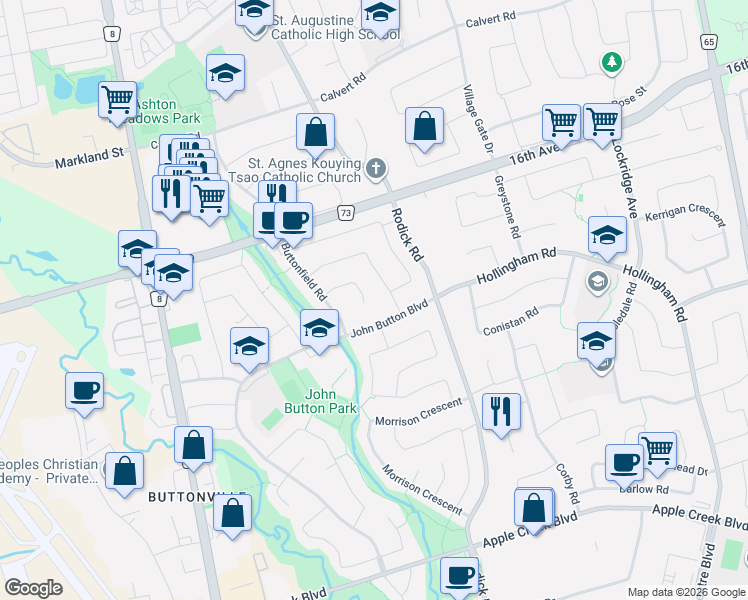 map of restaurants, bars, coffee shops, grocery stores, and more near 38 Muster Court in Markham