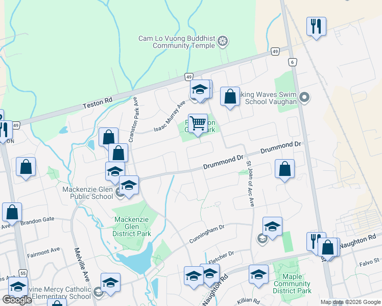 map of restaurants, bars, coffee shops, grocery stores, and more near 31 Monteith Crescent in Vaughan