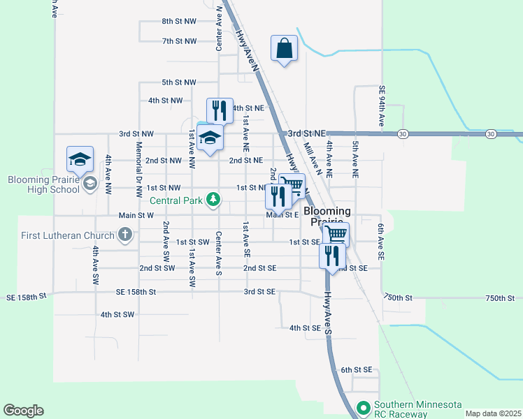 map of restaurants, bars, coffee shops, grocery stores, and more near 228 Main Street East in Blooming Prairie