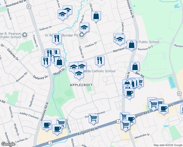 map of restaurants, bars, coffee shops, grocery stores, and more near 42 Coe Drive in Ajax