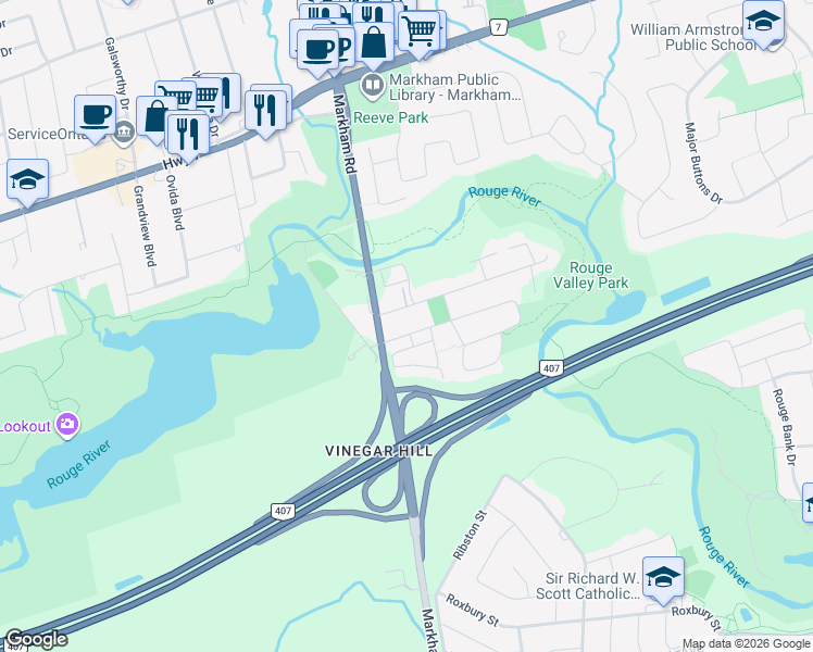 map of restaurants, bars, coffee shops, grocery stores, and more near 15 Rouge Street in Markham