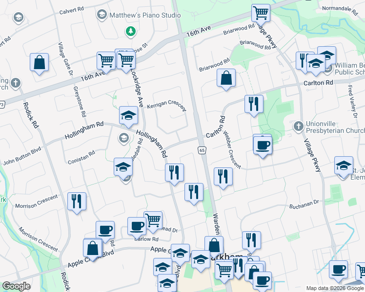 map of restaurants, bars, coffee shops, grocery stores, and more near 26 Baycliffe Road in Markham