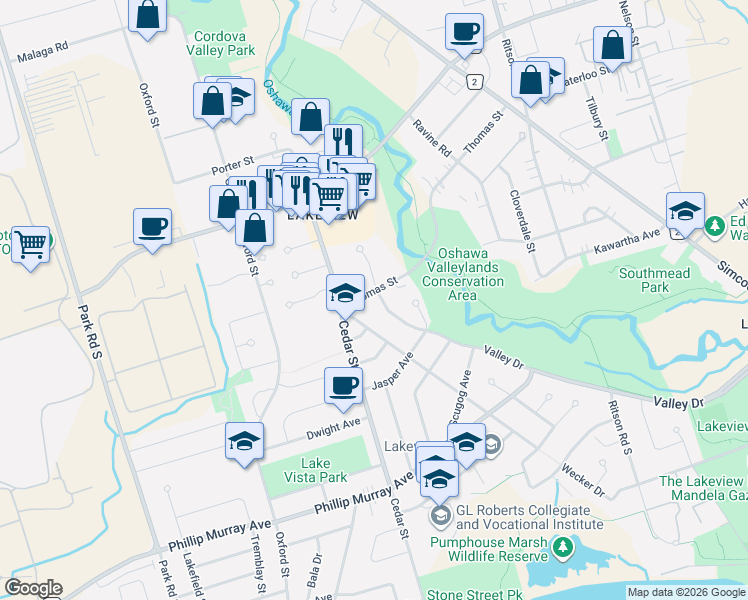 map of restaurants, bars, coffee shops, grocery stores, and more near 249 Thomas Street in Oshawa