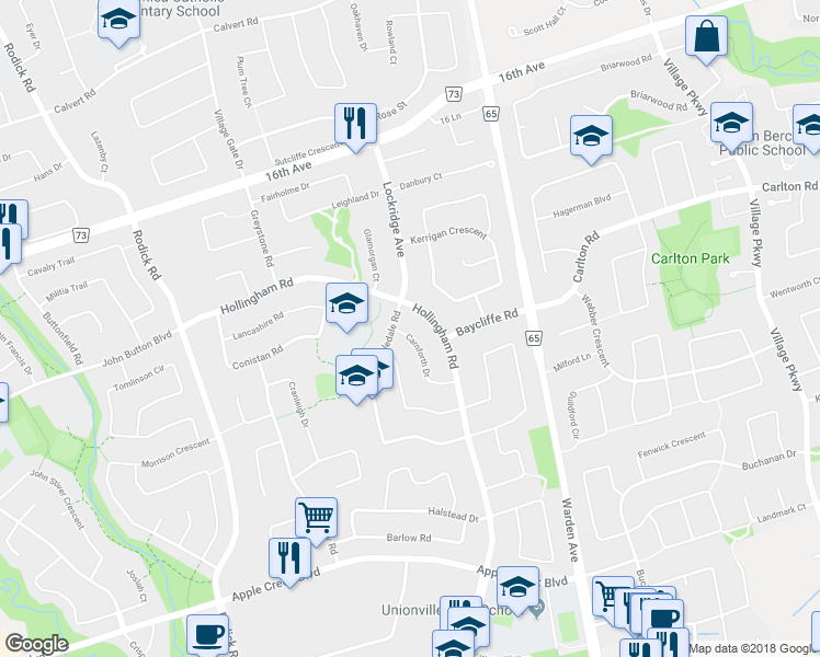 map of restaurants, bars, coffee shops, grocery stores, and more near 41 Carnforth Drive in Markham
