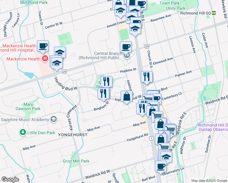 map of restaurants, bars, coffee shops, grocery stores, and more near 40 Harding Boulevard West in Richmond Hill
