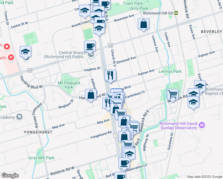 map of restaurants, bars, coffee shops, grocery stores, and more near 9825 Yonge Street in Richmond Hill