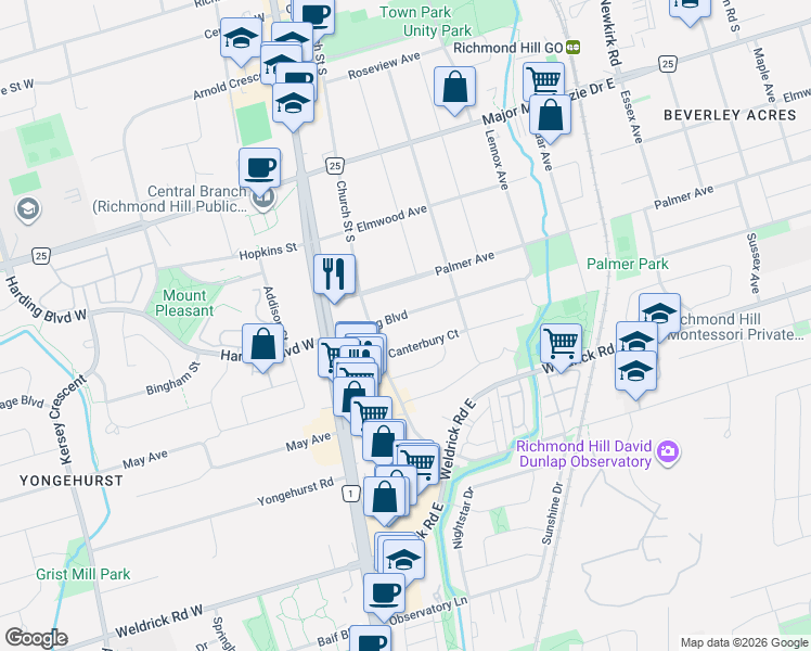 map of restaurants, bars, coffee shops, grocery stores, and more near 40 Harding Boulevard West in Richmond Hill