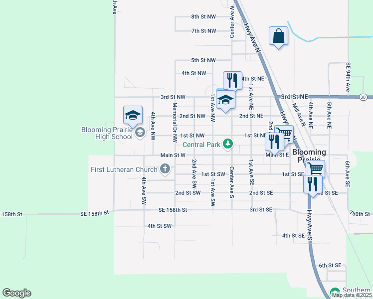 map of restaurants, bars, coffee shops, grocery stores, and more near 137 Memorial Avenue Northwest in Blooming Prairie