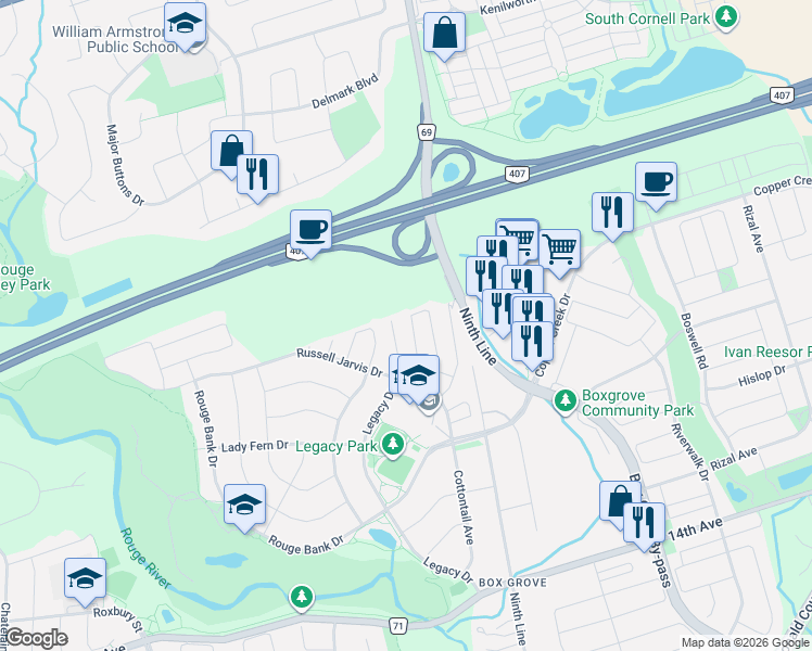 map of restaurants, bars, coffee shops, grocery stores, and more near 20 Primrose Path Crescent in Markham