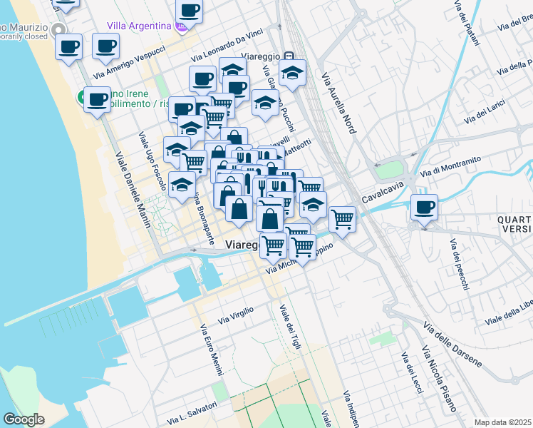 map of restaurants, bars, coffee shops, grocery stores, and more near 131 Corso Giuseppe Garibaldi in Viareggio