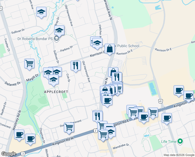 map of restaurants, bars, coffee shops, grocery stores, and more near 48 Tawn Crescent in Ajax