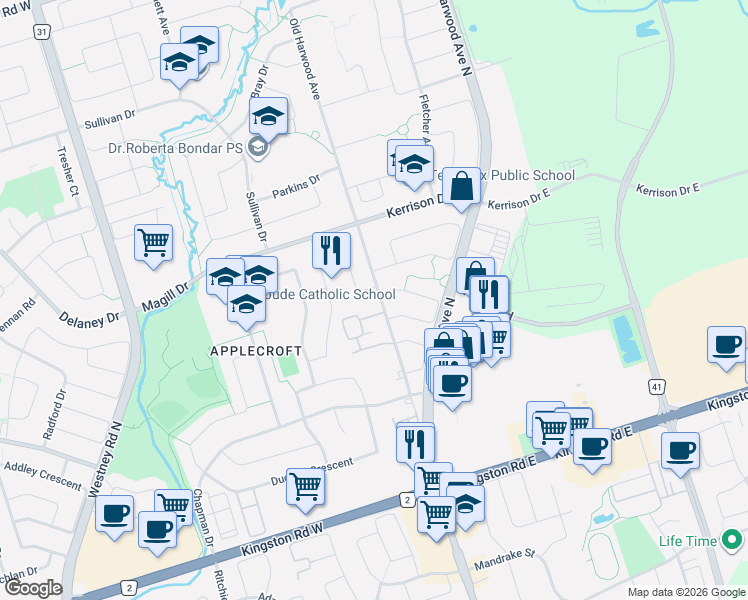 map of restaurants, bars, coffee shops, grocery stores, and more near 366 Old Harwood Avenue in Ajax