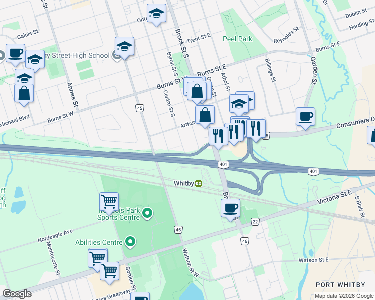map of restaurants, bars, coffee shops, grocery stores, and more near 1121 Centre Street South in Whitby