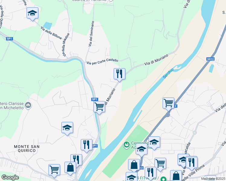 map of restaurants, bars, coffee shops, grocery stores, and more near 285/C Via di Moriano in Lucca