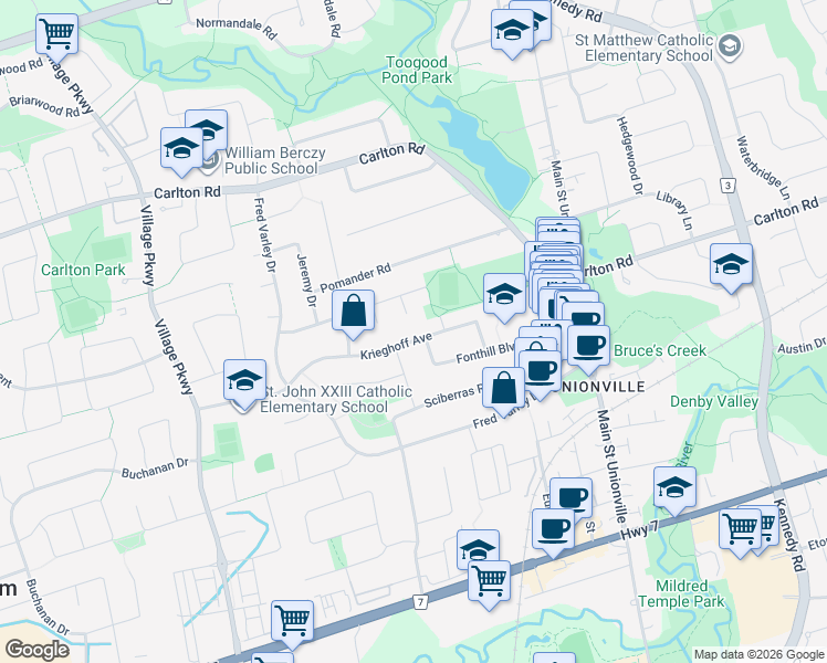 map of restaurants, bars, coffee shops, grocery stores, and more near 180 Krieghoff Avenue in Markham