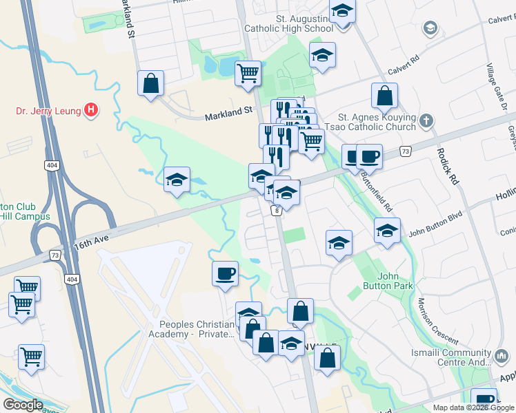 map of restaurants, bars, coffee shops, grocery stores, and more near 63 Michael Way in Markham
