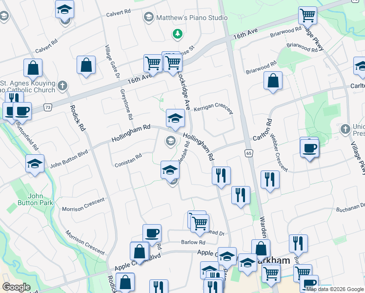 map of restaurants, bars, coffee shops, grocery stores, and more near 2 Glamorgan Court in Markham