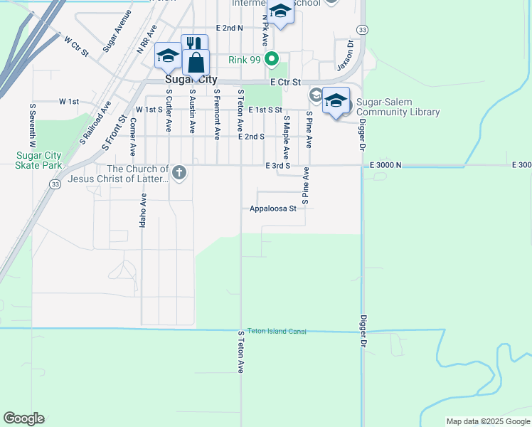 map of restaurants, bars, coffee shops, grocery stores, and more near 303 East Appaloosa Drive in Sugar City