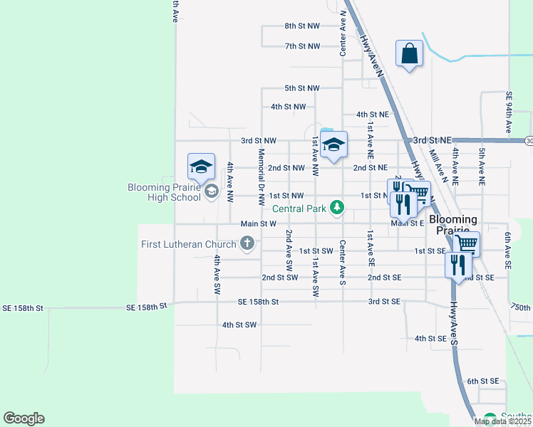 map of restaurants, bars, coffee shops, grocery stores, and more near 137 Memorial Drive Northwest in Blooming Prairie