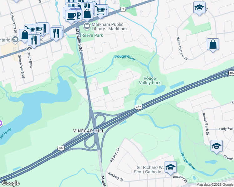 map of restaurants, bars, coffee shops, grocery stores, and more near 86 James Scott Road in Markham