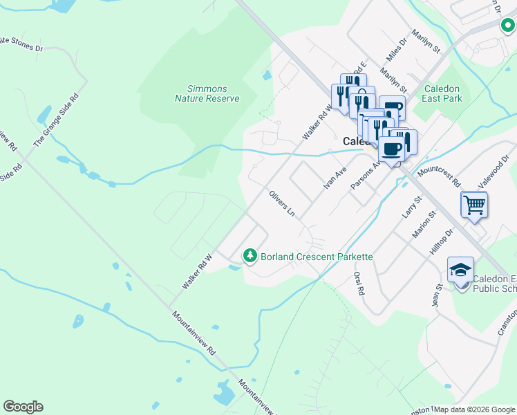 map of restaurants, bars, coffee shops, grocery stores, and more near 89 Walker Road West in Caledon