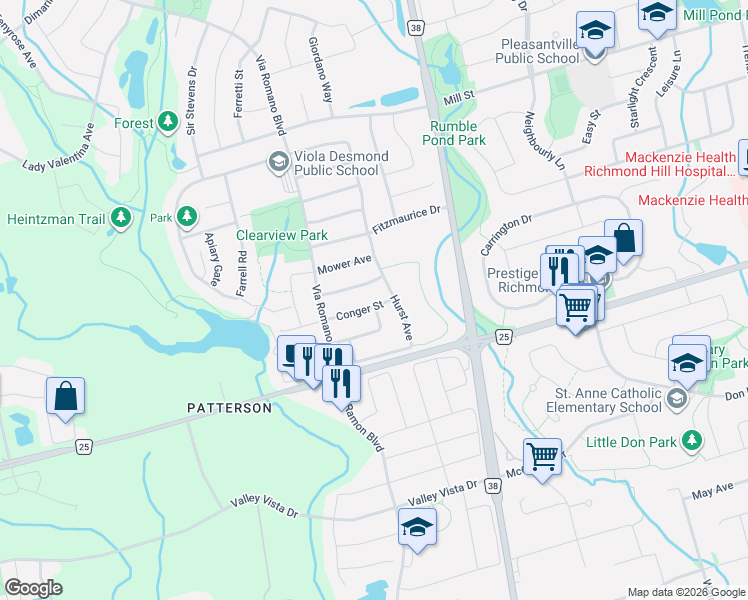 map of restaurants, bars, coffee shops, grocery stores, and more near 32 Conger Street in Vaughan