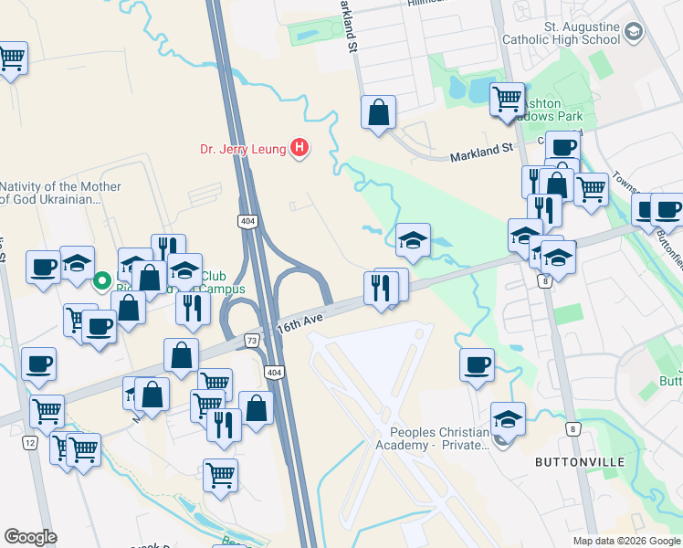 map of restaurants, bars, coffee shops, grocery stores, and more near 20 Cachet Woods Court in Markham