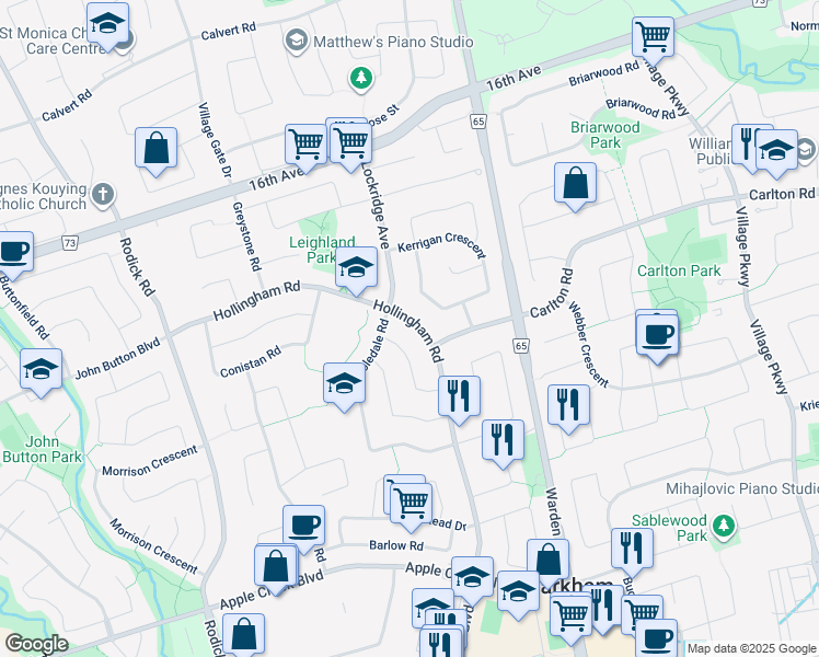 map of restaurants, bars, coffee shops, grocery stores, and more near 118 Hollingham Road in Markham