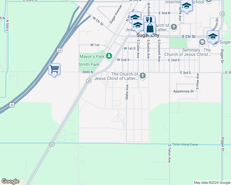 map of restaurants, bars, coffee shops, grocery stores, and more near 225 West 3rd South in Sugar City