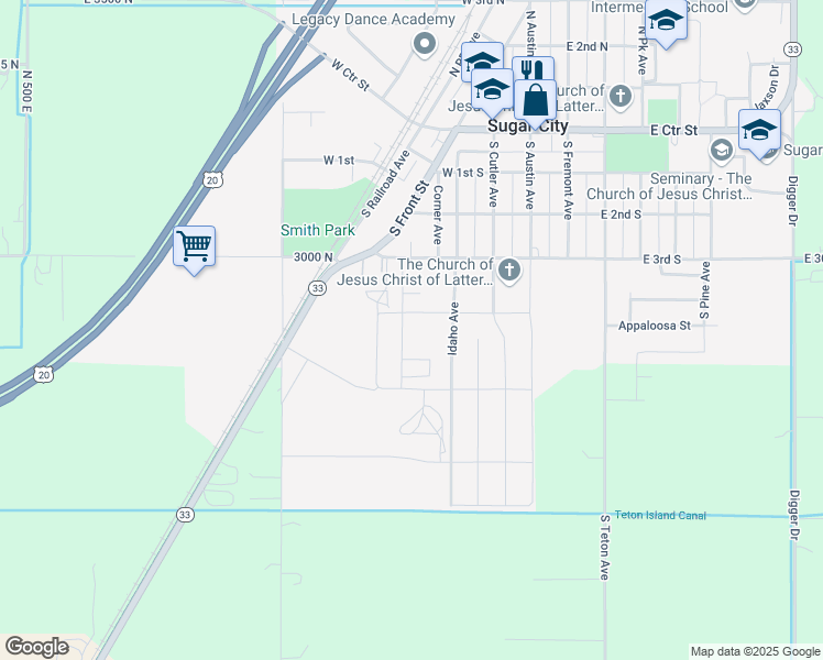 map of restaurants, bars, coffee shops, grocery stores, and more near 425 South 3rd West in Sugar City