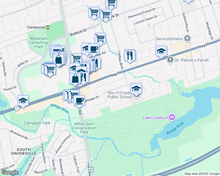 map of restaurants, bars, coffee shops, grocery stores, and more near 70 Southdale Drive in Markham