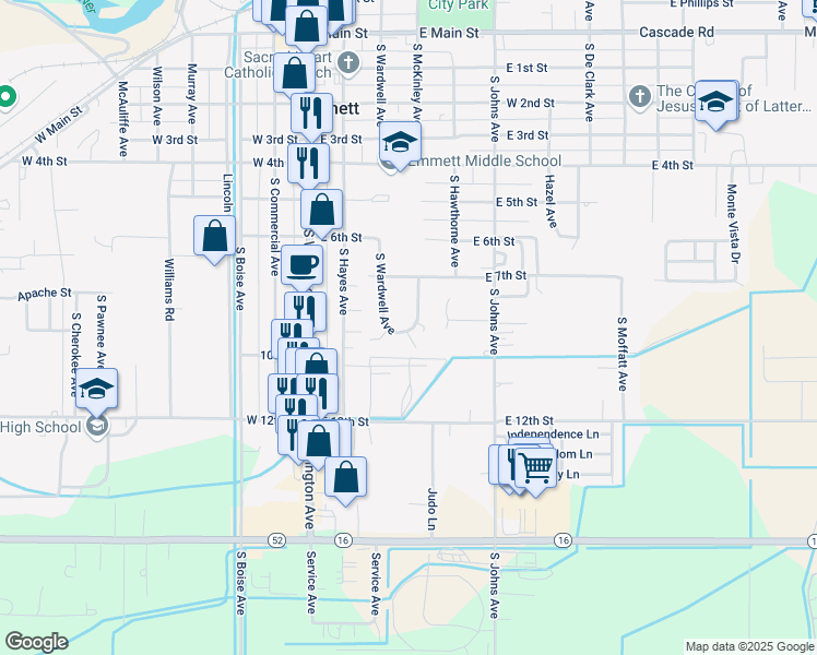 map of restaurants, bars, coffee shops, grocery stores, and more near 903 South McKinley Avenue in Emmett