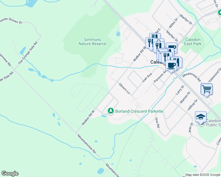map of restaurants, bars, coffee shops, grocery stores, and more near 89 Walker Road West in Caledon