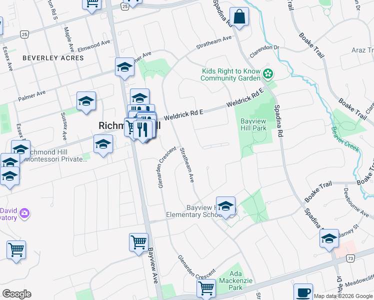 map of restaurants, bars, coffee shops, grocery stores, and more near 133 Strathearn Avenue in Richmond Hill