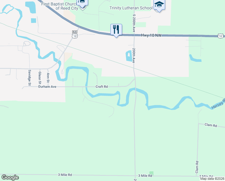 map of restaurants, bars, coffee shops, grocery stores, and more near 20198 Craft Road in Reed City