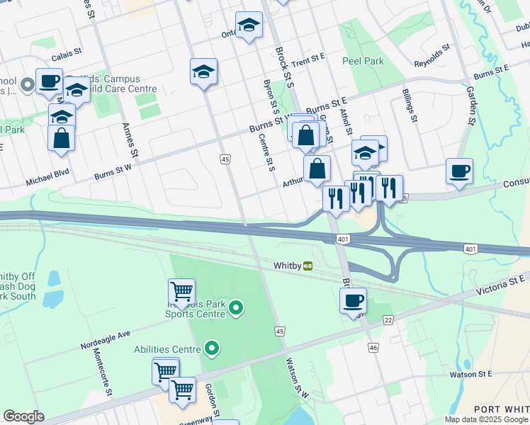 map of restaurants, bars, coffee shops, grocery stores, and more near 1119 King Street in Whitby